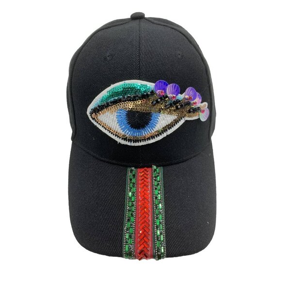 Evil Eye Sequin Lashes Striped Rhinestone Cap - Picture 1 of 4